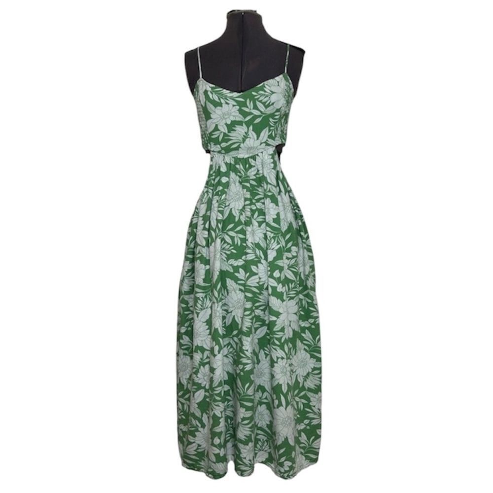 American‎ Eagle Linen Cotton Green Floral Vacation Sunset Pockets Midi Dress S